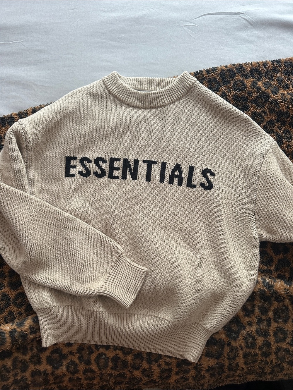 ESSENTIALS Crewneck Sweater in Beige with Black Logo